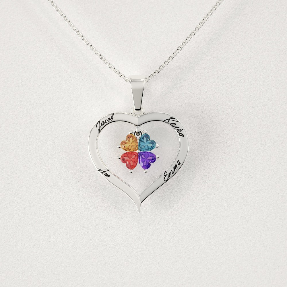 Collier personnalisé cœur argent avec pierres de naissance et 4 gravures
